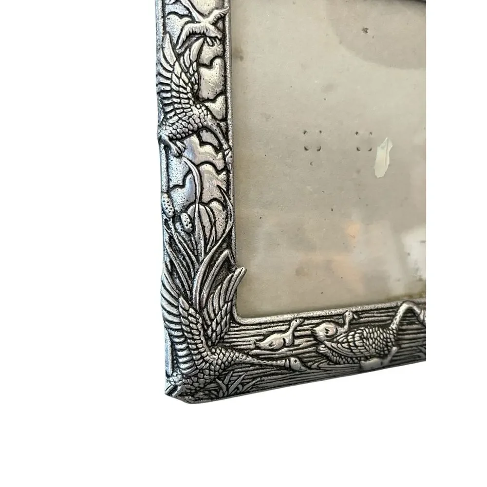 Vintage 1987 Arthur Court Geese Picture Frame: Antiqued Aluminum, 4”x5” Window